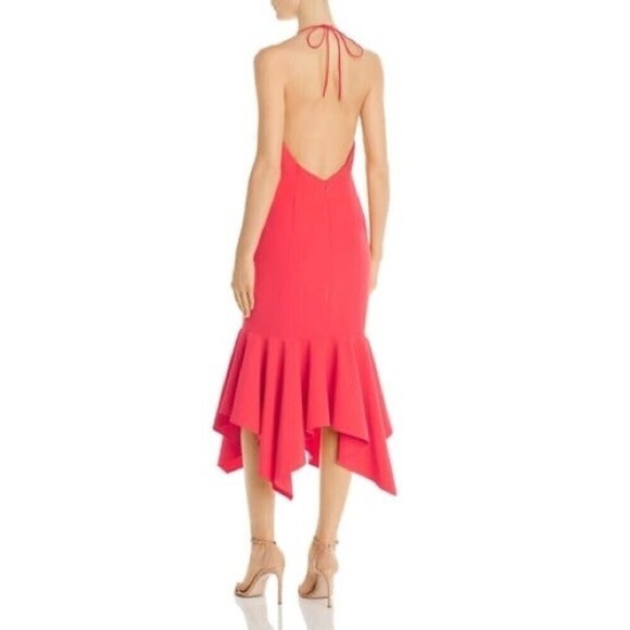 aidan mattox plundging halter crepe hot pink asymmetrical peplum midi dress 6 - Picture 2 of 9